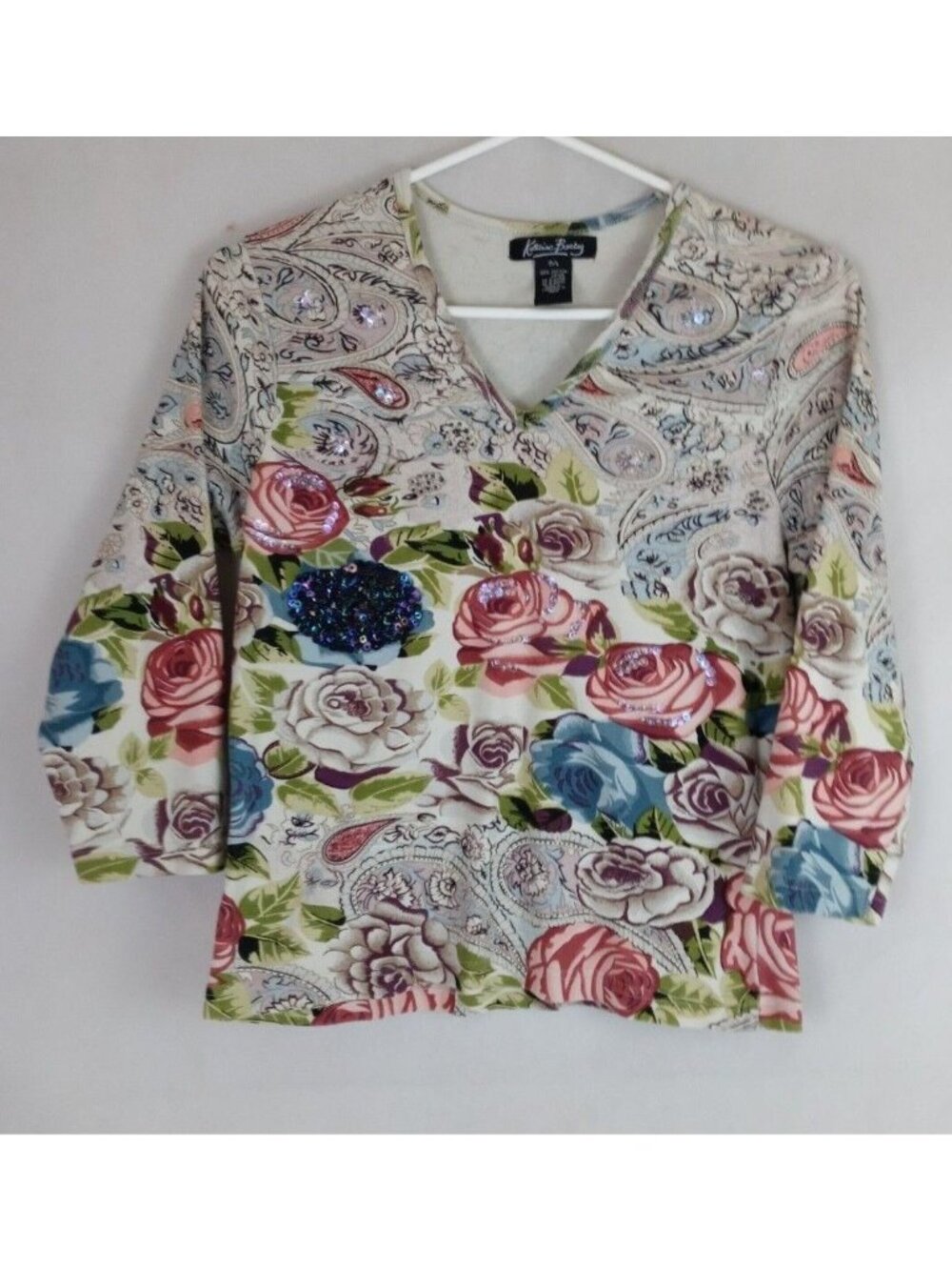 Katherine Barclay Women's Beaded Sequined Floral Shirt Size G/L